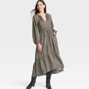 A New Day Leopard Print Long Sleeve Tiered Midi Dress  With Pockets Brand New